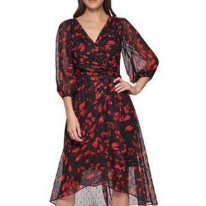 DKNY 3/4 Sleeve Surplice V-Neck Chiffon Faux Wrap Dress